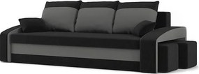 HEWLET kanapéágy 2 db puffal, normál szövet, hab töltőanyag, bal oldali puff tároló, fekete / szürke