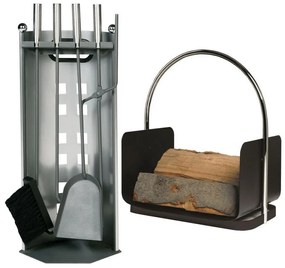 Kandalló szerszámok és fához való kosár készlet nyéllel 6 db antracit