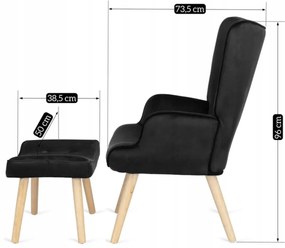 Füles Fotel Lábtartóval Fekete Bársony Kárpittal. LOZANO 2