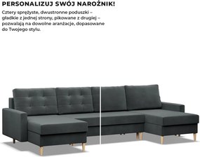 Etna U alakú sarokkanapé, 3 ágyneműtartóval, bársony, univerzális oldal, hab töltet, szürke