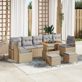 10 Részes Kerti Sofa Szett Párnákkal Bézs Poli Rattan Akác