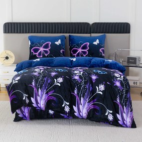 Mikroplüss ágyneműhuzat szett VIOLET BUTTERFLY sötétkék + mikroplüss lepedő SOFT 90x200 cm fehér, egyszemélyes ágyhoz