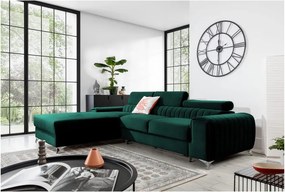 Zöld bársony kinyitható-tárolóhelyes sarokkanapé (bal oldali-heverő résszel) Grayson – ELTAP