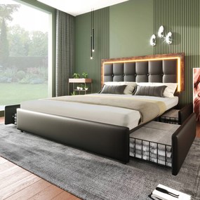 Franciaágy Kárpitozott ágy 140x200cm Led 4fiókos Pu fekete