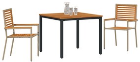 3 részes kerti étkezőszett Bézs poly rattan akáciából, Összecsukható kerti székek párnákkal - 2 darab Bézs poly rattanban, Kerti asztal 90x90x75 cm Szilárd akácia fa és fém