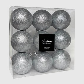 Ezüst glitteres műanyag karácsonyi gömb szett 8 cm 9 db
