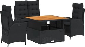 vidaXL 4 részes fekete polyrattan kerti étkezőszett párnákkal