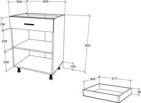 Benita 1 fiókos 2 ajtós Alsó konyhaszekrény Antracit-Fehér 60x50x80 cm
