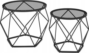 2 db-os geometrikus fekete dohányzóasztal szett edzett üveg és acél