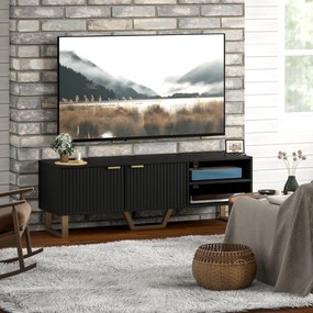 HOMCOM TV Állvány, fa TV szekrény 70 hüvelykes TV-hez, 2 bordázott ajtóval, nyitott rekesszel és kábelkezeléssel, nappaliba és hálószobába, 140 x 39 x