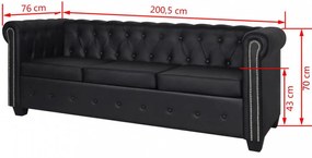3 személyes fekete műbőr Chesterfield kanapé
