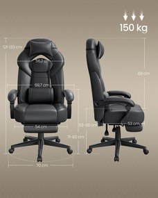 Játékos szék lábtartóval, ergonomikus kialakítással, fekete színben