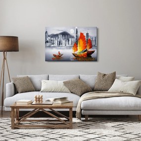 Festmény - Victoria Harbour, Hong Kong, fekete-fehér olajfestmény (90x60 cm)