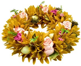 Tavaszi koszorú fából készült forgácsokból,rózsákkal, 30 cm