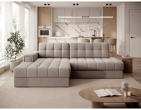 Bézs bársony kinyitható sarokkanapé (bal oldali-heverő résszel) Blezalt – ELTAP