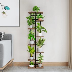 LEDOR TYP 4 8 polcos virágállvány, fémvázzal, 36 x 23 x 136 cm, rusztikus fa/fekete