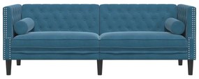 3 személyes kék bársony Chesterfield kanapé hengerpárnákkal
