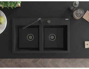 Mexen Hektor, 2 kamrás gránit mosogató 800x480x205 mm, fekete, grafit szifon, 6521802000-77-B