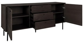 Kyoto komód 3 fiókkal, 2 ajtóval, tölgyfa furnér, füstölt, fekete fém lábakkal, 150x40x74 cm