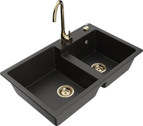 Mexen Tomas kétkamrás gránit mosogató konyhai csapteleppel Telma, fekete/arany metál - 6516-75-670200-50