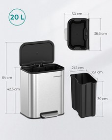 Konyhai szemetes, 20 literes pedálos kuka belső vödörrel, fedéllel, acél