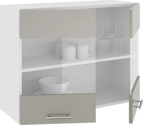 Karo 2 üvegajtós felső konyhaszekrény, Fényes szürke / Fehér, MDF, 80 x 30 x 60 cm
