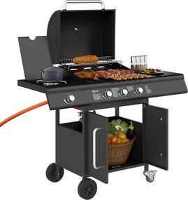 Outsunny 12,2 kW (kb. 41 600 BTU) 3+1 égős gázgrill kocsi, rozsdamentes acél, kerekekkel, oldalsó égővel, hőmérővel, melegentartó rácssal, oldalasztal