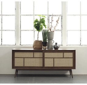 Sötétbarna alacsony komód tolóajtóval, tölgyfa dekorral 180x80 cm Barrali – Unique Furniture