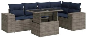 6 részes fekete polyrattan akácfa kerti ülőgarnitúra párnákkal