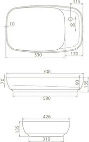 CeraStyle NEW NOVA - PULTRA ültethető - Top Counter - mosdó rejtett leeresztővel - 70 x 42 cm