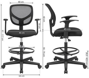 Ergonomikus irodai szék kartámaszokkal, magas forgó szék 55-75 cm ülésmagasság, Fekete