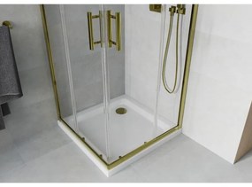 Mexen Rio, szögletes zuhany tolóajtóval 90 (ajtó) x 90 (ajtó) x 190 cm, 5mm átlátszó üveg, arany profil + fehér SLIM zuhanytálca, 860-090-090-50-00-4…