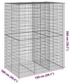 horganyzott vas gabion kosár fedéllel 150 x 100 x 200 cm