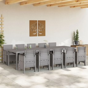 11 darabos kerti étkezőszett párnákkal világosszürke polirattan, kerti asztal világosszürke 150x100x73 cm polirattan, kerti szék párnákkal 2 db világosszürke polirattan, kerti szék párnákkal 4 db világosszürke polirattan