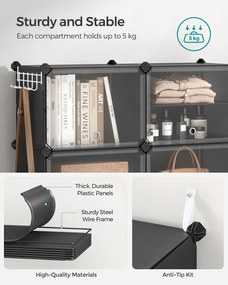 Összekapcsolható cipőtartó, 10 rekeszes műanyag cipőszekrény, fekete