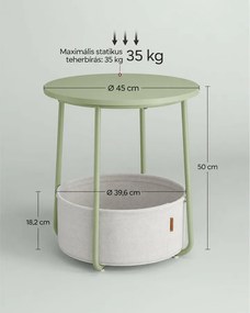 Kis kerek oldalsó kisasztal, modern éjjeliszekrény szövetkosárral, éjjeliszekrény nappali hálószobába, babérzöld és krémfehér színben