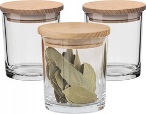 3X Üveg Tégely, Fa Fedél Étel Fűszertartó 8CM
