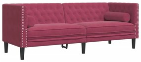 2 részes bordó bársony Chesterfield kanapészett hengerpárnákkal