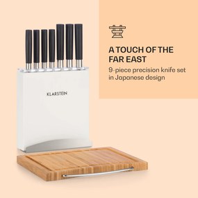 Klarstein Kitano Plus, késkészlet, 9 darabos, faállvány, bambusz vágódeszka, fehér