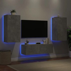3 darab betonszürke falra szerelhető TV-szekrény LED-del