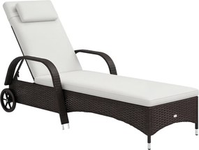 Outsunny Polyrattan Napozóágy 5-fokozatú Állítható Háttámlával, Párnával, Kerekekkel, 160kg Teherbírással, Napozóágy Kerthez, 200x73x30-103cm, Kávébar
