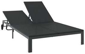 Napozóágy Párnákkal és Kerekekkel 2 Személyes Fekete Poli Rattan