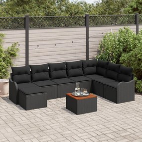 9 részes kertibútor szett párnákkal fekete poli rattan akácia, 2-fős kertibútor párnákkal fekete poli rattan