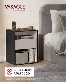 VASAGLE éjjeliszekrény, töltőfunkciós lerakóasztal, tintafekete–kapucsínó bézs