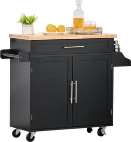 HOMCOM Konyhai Szekrény Kerekekkel, Ajtós Facsúszóval, Magasságban Állítható Belső Polccal és Fűszertartóval, Mobil Oldalszekrény 109x40x89 cm Fekete