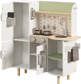 AIYAPLAY Fa Játék Konyha Gyermekeknek 3-6 Éveseknek Játék Konyha Jéggéppel Rozsdamentes Acél Mosogatóval, Mobil Pohárral és Konyhai Eszközökkel 84x34x