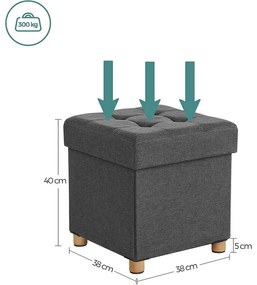 Összecsukható vászon puff tárolóval, sötétszürke, 38x38x40 cm