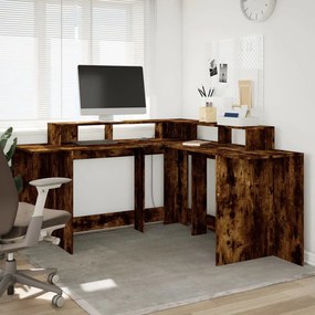 füstös tölgy színű szerelt fa íróasztal LED-ekkel 152x152x91 cm