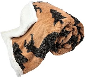 Karácsonyi mikroflanel takaró serpával - 200x150 cm - barna szarvasos - fenyőfás mintával