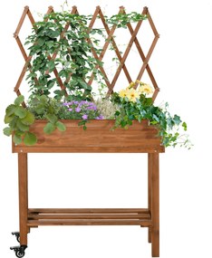 Outsunny Magasított Kertágy Trellissel, Virágtartó Polccal, Kerekes Ültetőedény, Teraszra és Erkélyre, Tartós Fa, Barna, 79 x 29 x 130 cm | Aosom
